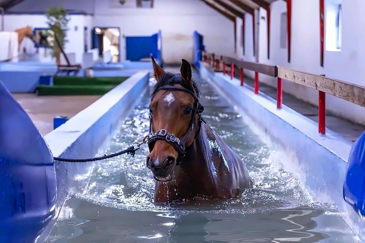 Hest der svømmer i banebassinet hos Hammerthor Pool Center